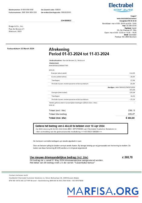 Printable Belgium Electrabel electricity business utility bill template, fully editable in Word and PDF format